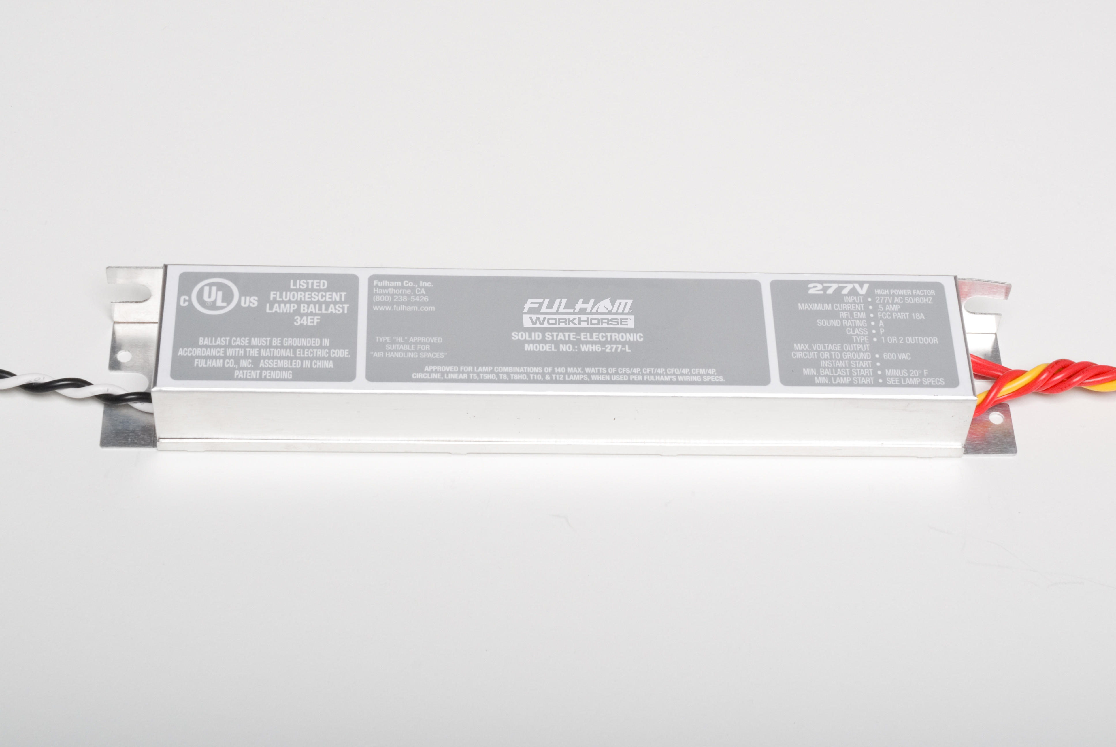 FULHAM® WorkHorse™ WH6-277-L High Power Factor Linear Model Electronic Fluorescent Ballast With Side Leads, F14T5/F28T5 Lamp, 277 V AC, Instant, 0.92 Ballast Factor - 